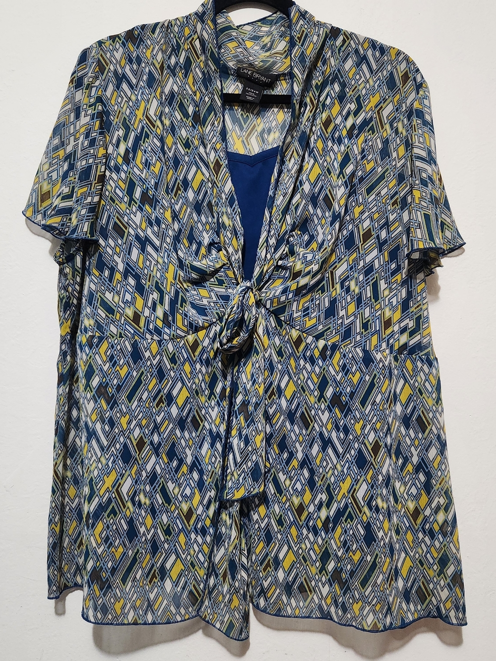 Vintage Lane Bryant Top, geometric diamond pattern, Blue, Yellow 22/24W C03-0209